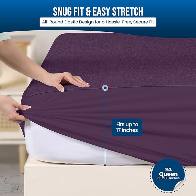 Utopia Bedding Waterproof Mattress Protector Queen Size, Premium Terry Mattress Cover 200 GSM, Breathable, Fitted Style with Stretchable Pockets (Purple)