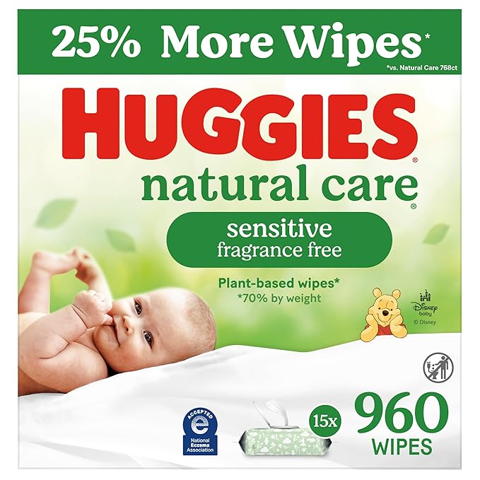 Huggies Natural Care Sensitive Baby Wipes, Unscented, Hypoallergenic, 99% Purified Water, 15 Flip-Top Packs (960 Wipes Total)