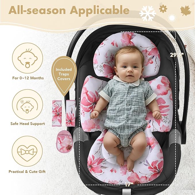 Infant Car Seat Insert, 2-in-1 Head & Body Carseat Support for Baby Newborn Toddler with Strap Covers, Reversible Ultra-Soft Cushion for Baby Carseat, Stroller, Swing & Bouncer