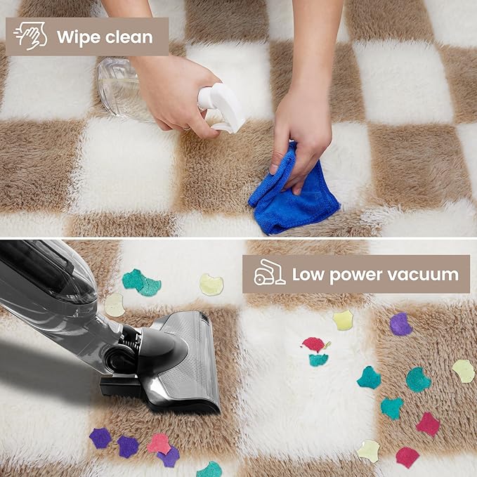 Super Soft Rug for Bedroom, 3x5 Ft Beige and White Area Rug Classic Checkered Shaggy Anti-Skid High Pile Soft Fluffy Rug Fuzzy Carpet for Living Room Bedroom Kids Room Nursery, Dorm Home Decor