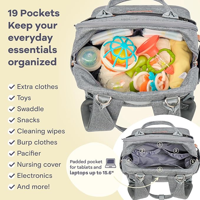 RUVALINO Diaper Bag Backpack-Multifunction Travel Baby Diaper Bag with Changing Pad, Insulated Bottle Holders & Pacifier Case, Large Capacity, Waterproof, Gray