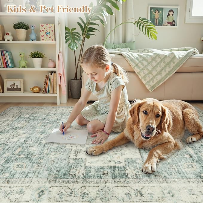 LIVEBOX Washable Area Rug 9x12 Rugs for Living Room Bedroom, Non-Slip Boho Indoor Carpet for Dining Room Office, Low-Pile Farmhouse Soft Carpets for Kids Nursery Playroom, Sage Green