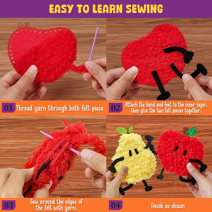 Golray Fruit Plushie Sewing Kit for Kids - My First Sewing Kit for Beginners, 7 Easy Felt Craft Project of Fruit Toys with Yarn, Leather, Plastic Needles, Glue & Instruction, Gift for Kid Girls Boys