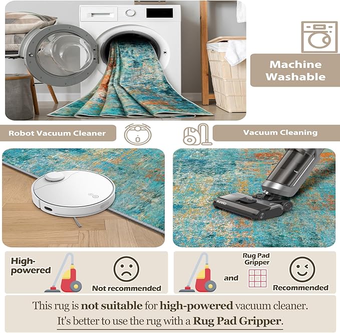 Washable Area Rugs 6'x9' Non-Slip Modern Abstract Soft for Living Room Entryway Bedroom Nursery, Print Pattern, Teal Blue Green Orange Rust Red Colorful