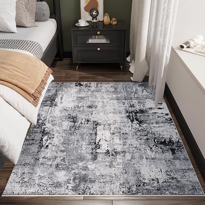 4x6 Rug Washable Boho Soft Area Rug Abstract Pattern Non-Slip Faux Wool Vintage Rug for Living Room, Bedroom Rug, Farmhouse, Dining Room, Kids Playroom, Grey and Black