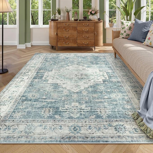 LIVEBOX Washable Area Rug 8x10 Rugs for Living Room Bedroom, Non-Slip Boho Indoor Carpet for Dining Room Office, Low-Pile Farmhouse Soft Carpets for Kids Nursery Room Playroom, Blue
