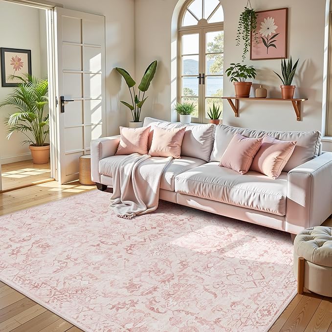 Pink Area Rugs 5x7 Rugs for Living Room, Machine Washable Rugs for Bedroom, Distressed Vintage Living Room Rug, Rug Non Slip Carpet Cream Green Area Rug for Dining Room Office