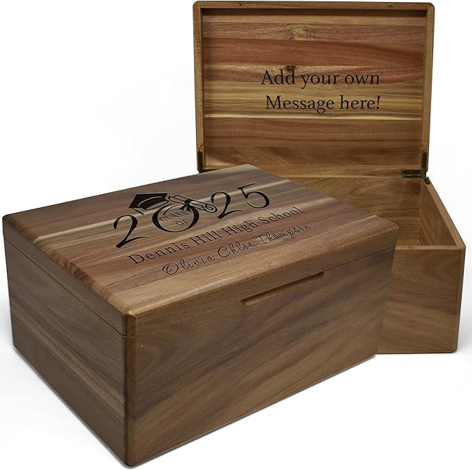 Graduation Boxes 2025 - Personalized Graduation Gifts for Him Her, Engravable High School Memory Box Organizer Boys Girls, Memorabilia Time Capsule, Wood Keepsake Chest Congrats Grad, 11.5x8.5x5.5 in