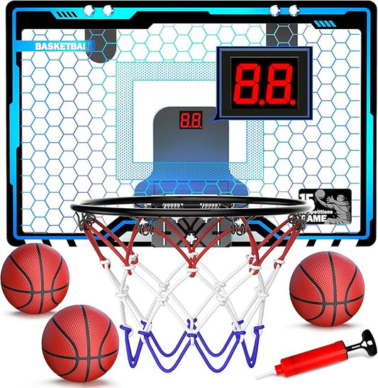 HopeRock Indoor Mini Basketball Hoop for Kids, Basketball Hoops Over The Door with LED Lighting, Mini Hoop with Scoreboard & 3 Balls, Basketball Toys Gifts for 5 6 7 8 9 10 11 12 Year Old Boys Girls