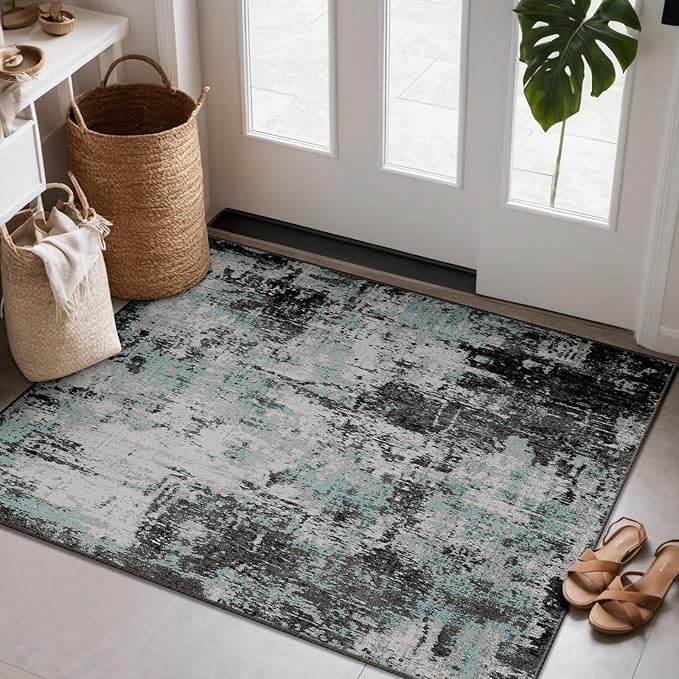 Washable Area Rugs 2'x3' Non-Slip Modern Abstract Soft for Living Room Entryway Bedroom Nursery, Print Pattern, Blue Black Teal