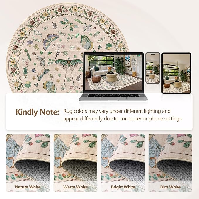 4ft Washable Round Rug - Bug Rugs for Living Room Non-Slip Low Pile Soft Ultra-Thin Machine Washable Circle Carpet for Bedroom, Entryway, Nursery, Kitchen, Home Office (4' Round Beige)