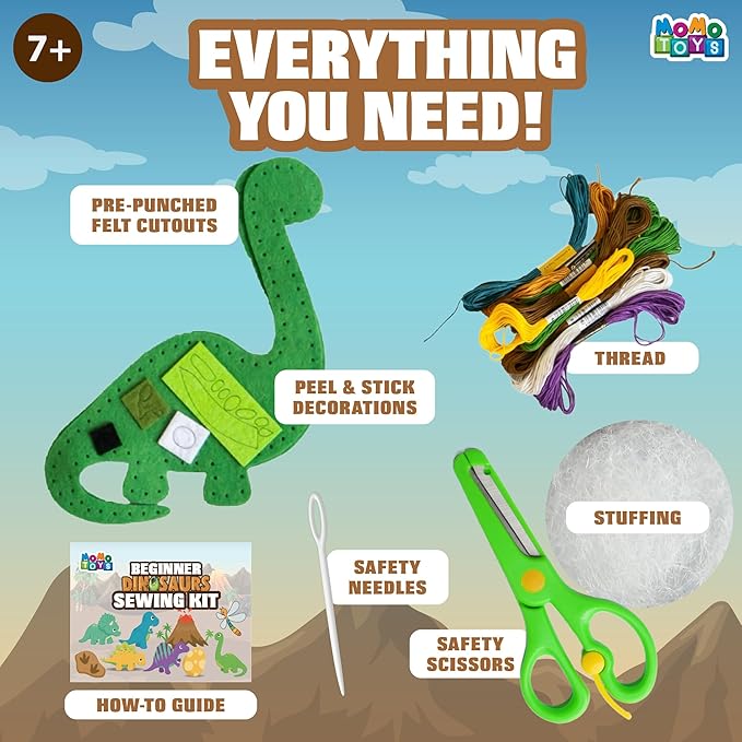 MOMOTOYS Dinosaurs World Beginner Sewing Kit for Kids Ages 7+ – Includes 9 Kids Sewing Projects w/Tools & Art Supplies – DIY Felt Crafts for Girls & Boys, Gifts for 7, 8, 9, 10, 11, 12 Year Old