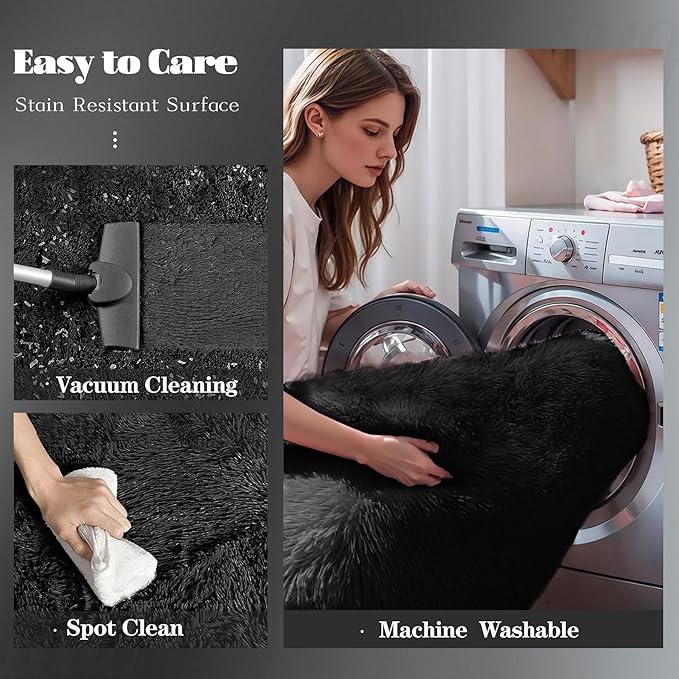 4FT Round Rug for Bedroom: Fluffy Shag Soft Washable Rugs Circle Small Fuzzy Plush Indoor Carpet for Living Room Nursery Playroom Dorm Kids Girls Boys Room (Black, 4'x4')