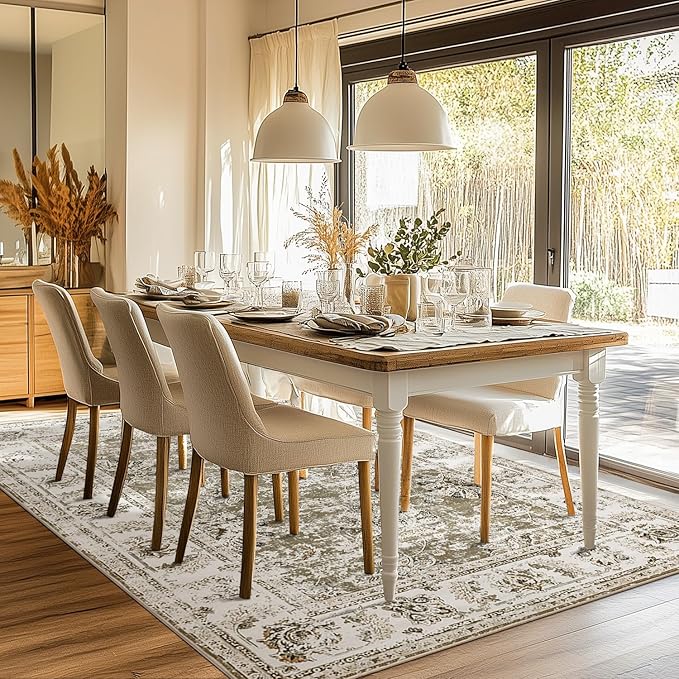 jinchan Washable Area Rug 8x10 for Living Room - Soft Faux Wool Ultra-Thin Stain Resistant Non-Slip Distressed Vintage Floral Large Carpet for Bedroom,Dining Room,Home Office,Nursery(Taupe, 8'x10')