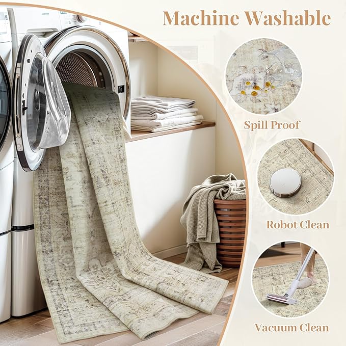 LIVEBOX Bedroom 4x6 Washable Area Rug for Entryway Kitchen, Non-Slip Soft Boho Rugs for Dining Room Office, Farmhouse Low-Pile Neutral Soft Carpet for Nursery Room Playroom, Tan