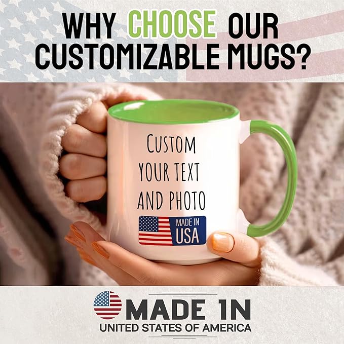Custom Mug Upload Your Picture Personalized Coffee Mug with Photo Text Name Customized Cup Unique Ideas Gifts for Men Women Mom Dad Girlfriend Boyfriend Friend Family (Green, 15oz)