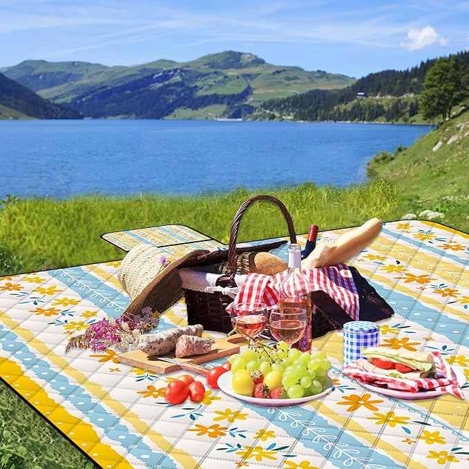 Extra Large Picnic Blanket Waterproof,80"x 80"Foldable Machine Washable Beach Blanket,Outdoor Blanket for 6-8 Adults,Suitable for Indoor Crawling,Park Beach,Camping,Hiking,Family Travel(Floral Print)