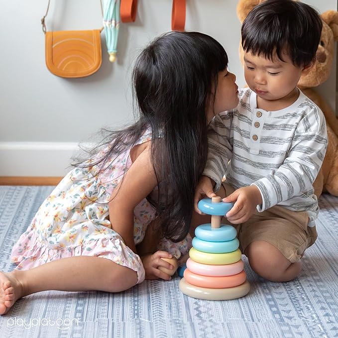 Play Platoon Wooden Rainbow Stacking Toy Ring Stacker, Educational Interactive Learning Toys, Create Stacks of Circles for Kids, Babies, Toddlers and Children