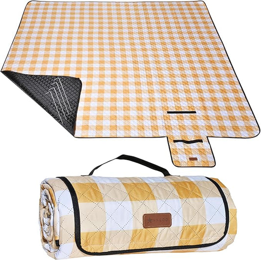 HX&OD Outdoor Picnic Blanket, Extra Large, 80''x80'' Waterproof Foldable Blankets Gingham Picnic Mat for Beach, Camping Grass Lawn Park Accessories Cute Couple Ideas Wedding (Yellow, 80”x80”)