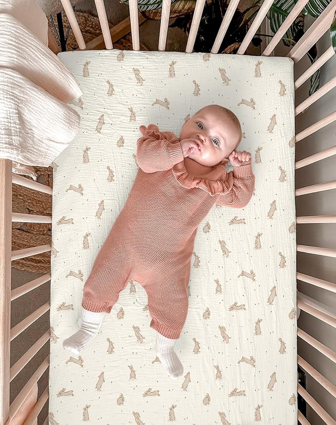 Bassinet Sheet for Baby Boy and Girl 2 Pack, Fitted Sheets for Rectangle, Oval, Hourglass Bassinet Mattress, Muslin Moses Basket Sheets with Neutral Style (Hopping Bunnies & Beige)