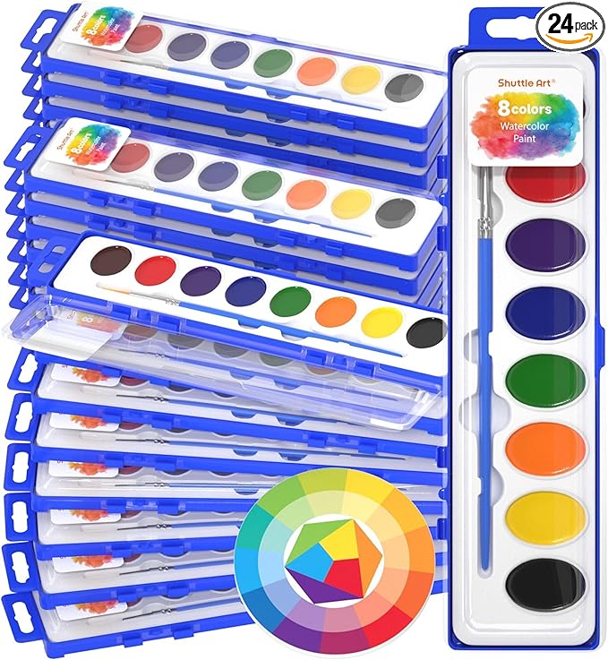 Shuttle Art 8 Colors Watercolor Paint Set, 24 Pack with Paint Brushes & Color Wheels, Washable for Kids & Adults, Suitable for Classroom, Parties, Kindergarten & Art Activities
