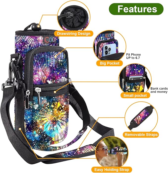 icolor Water Bottle Carrier Bag with Strap 25/32/40 oz Crossbody Bottle Holder with Phone Pocket Sling Sleeve Insulated Neoprene Water Bottle Pouch for Walking Travelling