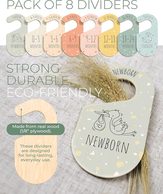 Colorful Baby Size Closet Dividers - Wooden Baby Clothes Organizer for Nursery Decor, Storage & Organization - 8 Pcs of Baby Closet Dividers Ideal as Neutral Nursery Storage Organizers
