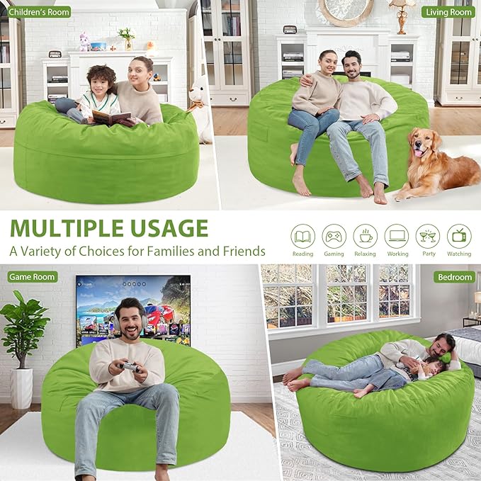 4FT Bean Bag Chair, Large Bean Bag Chairs with Memory Foam Filled, Fluffy Beanbag Sofa with Dutch Velvet Cover, Round BeanBag Chairs for Living Room, Playroom - Lime