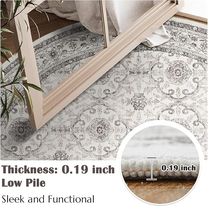 jinchan Round Rug 8ft Washable Circle Soft Rug - Low Pile Vintage 8'Round Indoor Beige Floral Print Stain Resistant Boho Carpet Ultra-Thin Non-Slip for Living Room Bedroom Dining Room Kitchen