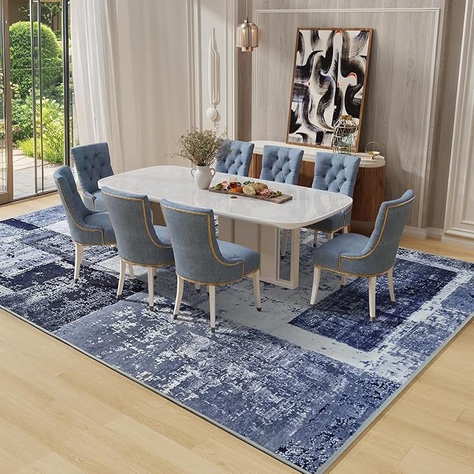 LOCHAS Rug for Living Room, Washable Soft Area Rugs for Bedroom 8x10, Abstract Carpet for Indoor Office Kids Dining Room Nursery Floor, Blue Geometric Vintage Home Decor, Non Slip, Pet Child Friendly