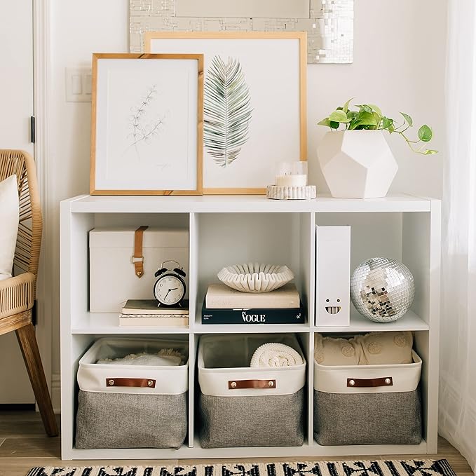 OrganiHaus Extra Large Fabric Storage Baskets for Shelves 3 Pack | 16x13in Closet Storage Bins for Shelves | Cloth Baskets for Organizing | Linen Closet Organizers | Fabric Storage Bin - Gray/White