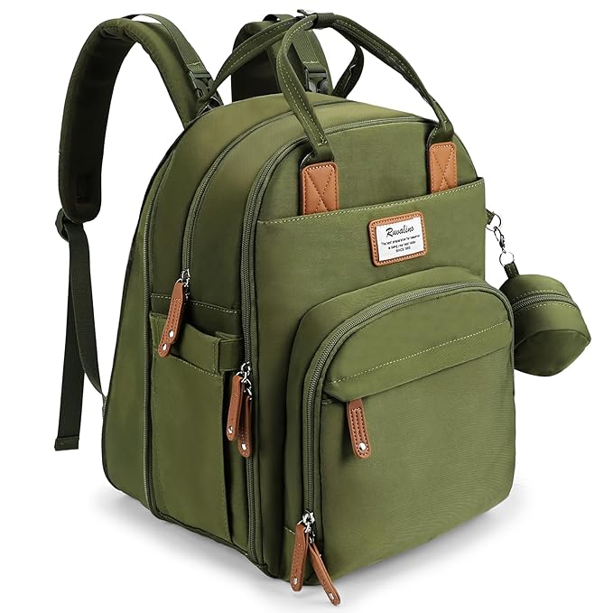 RUVALINO Diaper Bag Backpack-Expandable Baby Bag with up to 50% Capacity -Baby Essentials Bag with Changing Pad Insulated Bottle Holders & Pacifier Case, Waterproof, Army Green XL