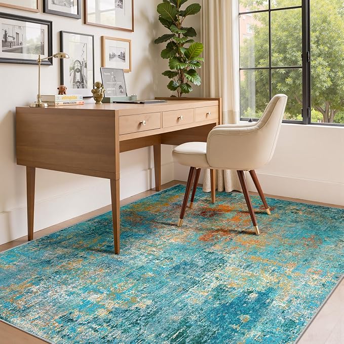 Washable Area Rugs 3'x5' Non-Slip Modern Abstract Soft for Living Room Entryway Bedroom Nursery, Print Pattern, Teal Blue Green Orange Rust Red Colorful