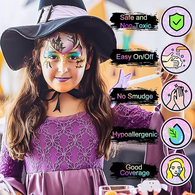 Face Painting Kit for Kids, 24 Colors Washable Face Paint, Safe for Sensitive Skin, Non-Toxic Professional Face Painting Kit, Halloween Birthdays Makeup Set with Stencils, Guide Book