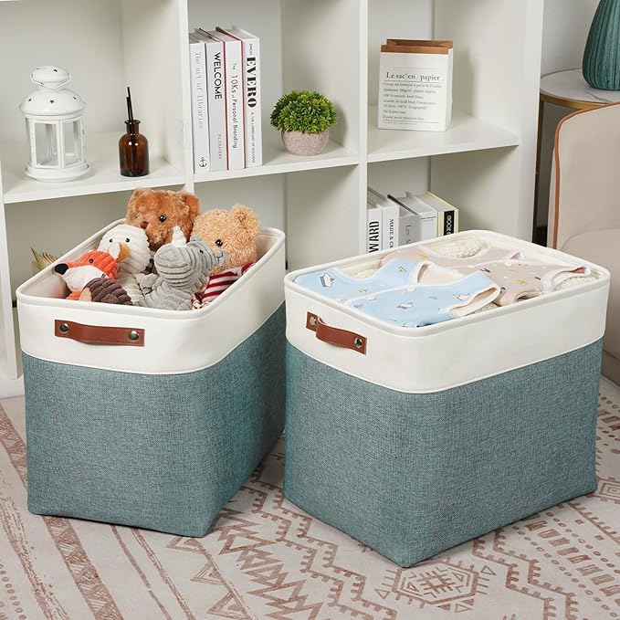 DULLEMELO Extra Large Storage Baskets,Fabric Storage Bins with Handles for Home,Office,Closet,Clothes,Foldable Storage Bins for Closet, White&Dark Green 2-Pack