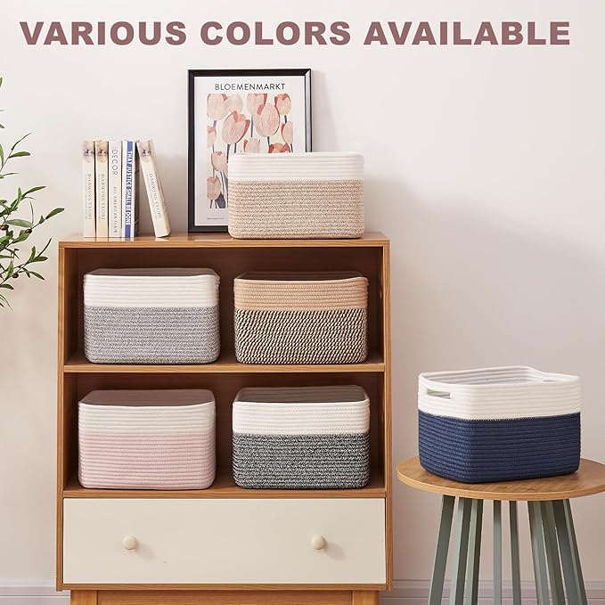 OIAHOMY 4 Pack Storage Baskets for Organizing, Basket for Shelves with Handle, Woven Baskets for Storage Toys, Towels, Books, Cotton Rope Basket 13" L x 9 " W x 7.8 " H, Blue & White