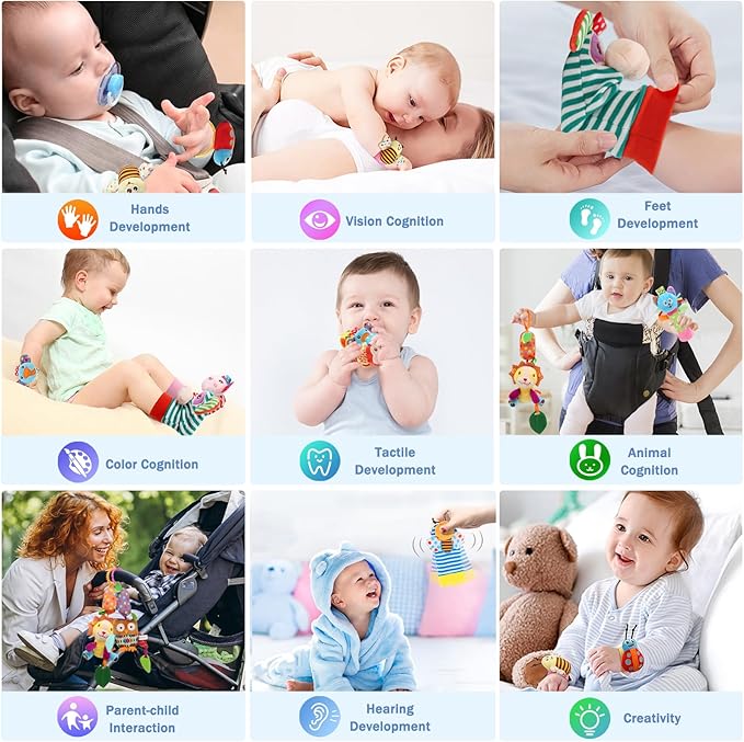 BLOOBLOOMAX Baby Soft Hanging and Wrist Rattle Toy, Car Seat Stroller Toys with Plush Animal C-Clip Ring for Infant Babies Boys and Girls 3 to 12 Months (12PCS-G)