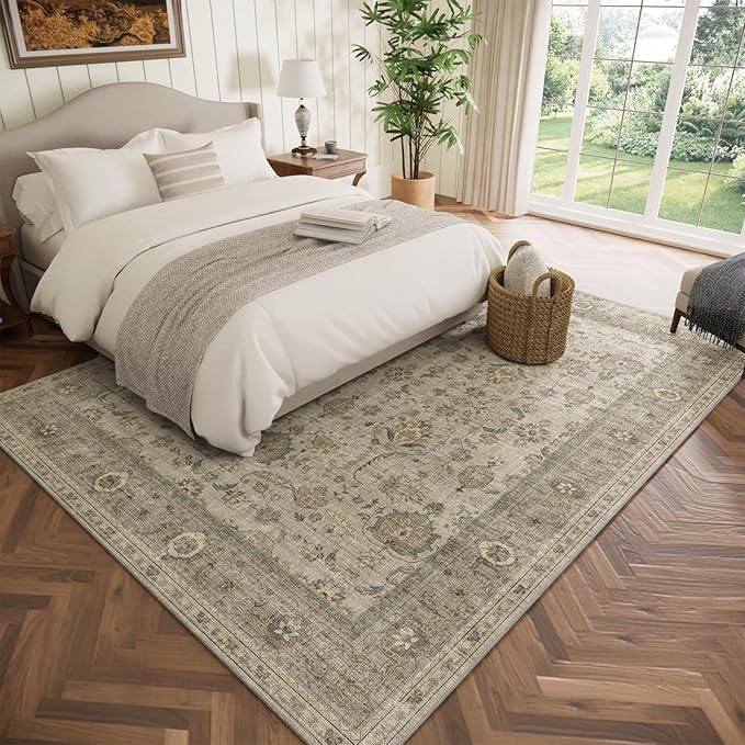 Washable 5x7 Area Rugs for Living Room, Boho Non-Slip Silicone Backing Rugs for Bedroom Dining Room Nursery Office, 0.3" Neutral Oriental Throw Carpet with 0.16" Cushioning Pad, Light Brown/Multi