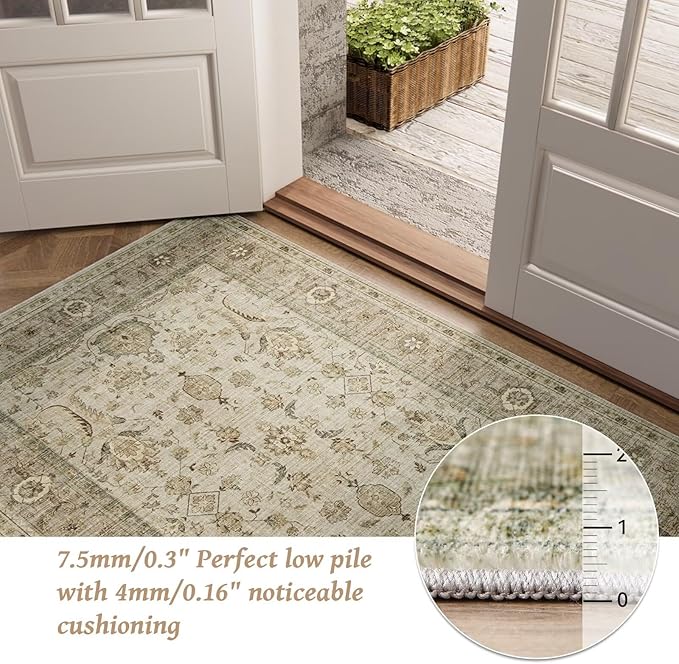 Washable 4x6 Rugs for Living Room, Boho Non-Slip Silicone Backing Small Rugs for Bedroom Nursery Office, 0.3" Neutral Oriental Throw Carpet with 0.16" Cushioning Pad, Light Brown/Multi