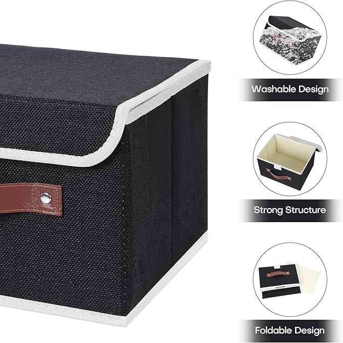 ANMINY Storage Bin with Lid Storage Boxes with PU Leather Handles PP Plastic Board Decorative Foldable Lidded Cotton Linen Fabric Home Cubes Baskets Closet Organizer Container - Black, Small Size