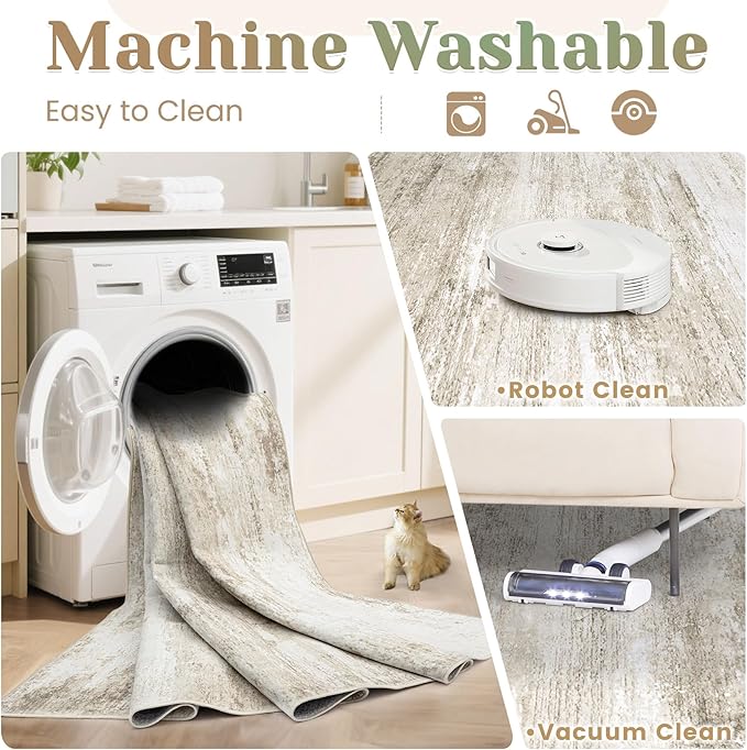 Washable Rug 8x10 Area Rugs for Living Room: Large Neutral Soft Rug Abstract Non Slip Low Pile Modern Carpet for Bedroom Kitchen Nursery Office Dining Room Indoor (Beige, 8'x10')