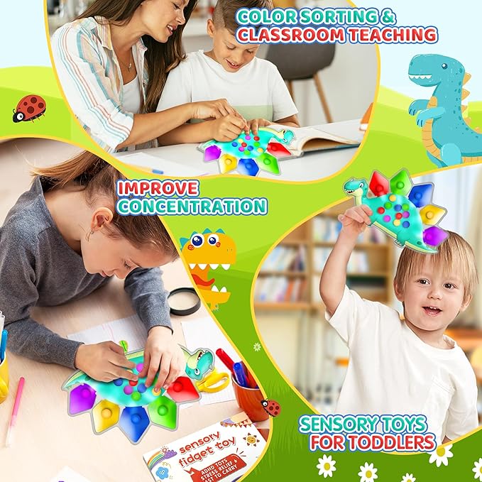 4PC Dinosaur Color Sorting Sensory Toys, Montessori Toys for Toddler Fine Motor Skill Game Learning Activities Quiet Calm Down Fidgets for Classroom Stocking Stuffers for 3 4 5 Year Old Kid Travel Toy
