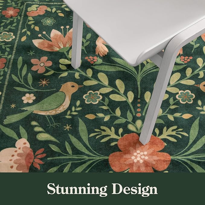 Moynesa Boho Bird 5x7 Area Rugs for Living Room, Washable Green Rug Jungle Floral Bedroom Rug, Low-Pile Soft Vintage Floor Carpet Non-Slip for Dining Room Playrom Living Room