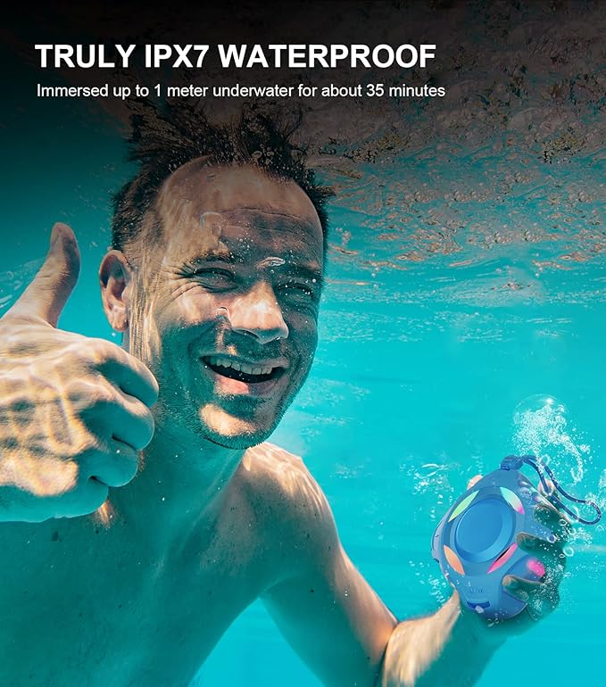 comiso Shower Bluetooth Speaker, IP67 Waterproof Speaker with LED Light, Portable Speakers with True Wireless Stereo, Floating, 2000mAh, Built-in-Mic, Ideal for Travel, Beach, Gifts for Unisex.