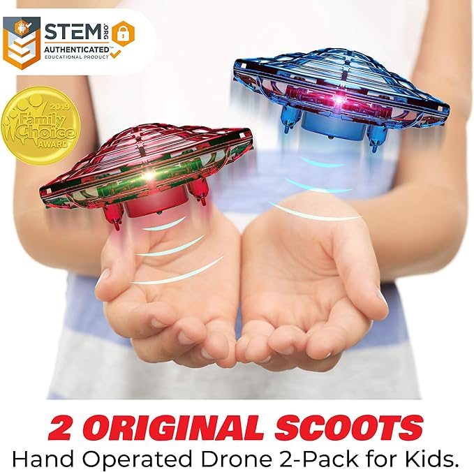Force1 Scoot Duo Hand Operated Drone for Kids or Adults - 2pk Hands Free Motion Sensor Mini Drones, Easy Indoor Flying Ball Small UFO Toys for Boys and Girls (Red and Blue)