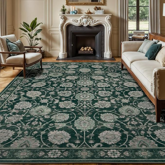 Floral 8x10 Area Rugs for Living Room, Washable Large Bedroom Rug, Soft Non Slip Carpet, Stain Resistant Low Pile Carpets for Indoor Under Table Dining Home Office Nursery, Dark Green