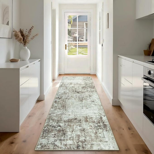 Runner Rug for Hallways Kitchen 2'6"x8' Washable, Non Slip Carpet 8ft Area Rugs Entryway Rubber Backed 8 Feet Neutral Abstract Modern Low Pile Indoor Brown Grey