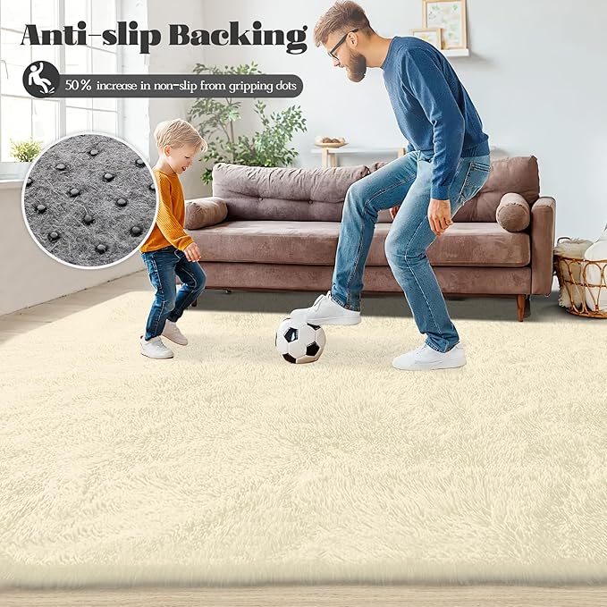 5x7 Area Rug for Living Room: Fluffy Shag Soft Washable Rugs Fuzzy Plush Indoor Carpet for Bedroom Nursery Playroom Dorm Kids Girls Boys Room (Cream White, 5'x7')