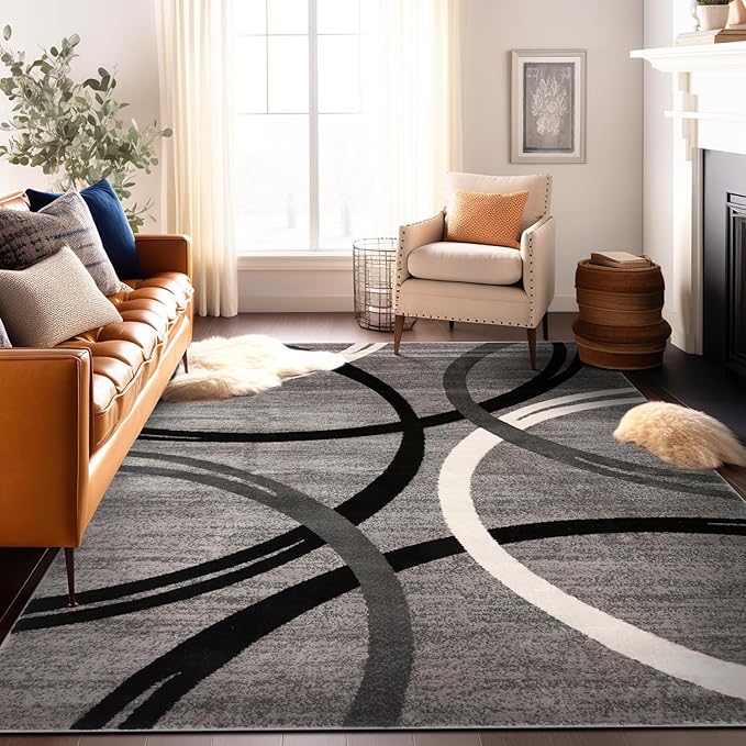 Rugshop Modern Wavy Circles Design Area Rug 10' x 14' Gray