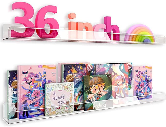 36 Inch 50% Thicker Clear Acrylic Book Shelves, Invisible Kids Wall Bookshelves for Baby Storage Book Rack, Toy Organizer, Book Display, Playroom, Bedroom, Toddler Room, Nursery 2 Packs